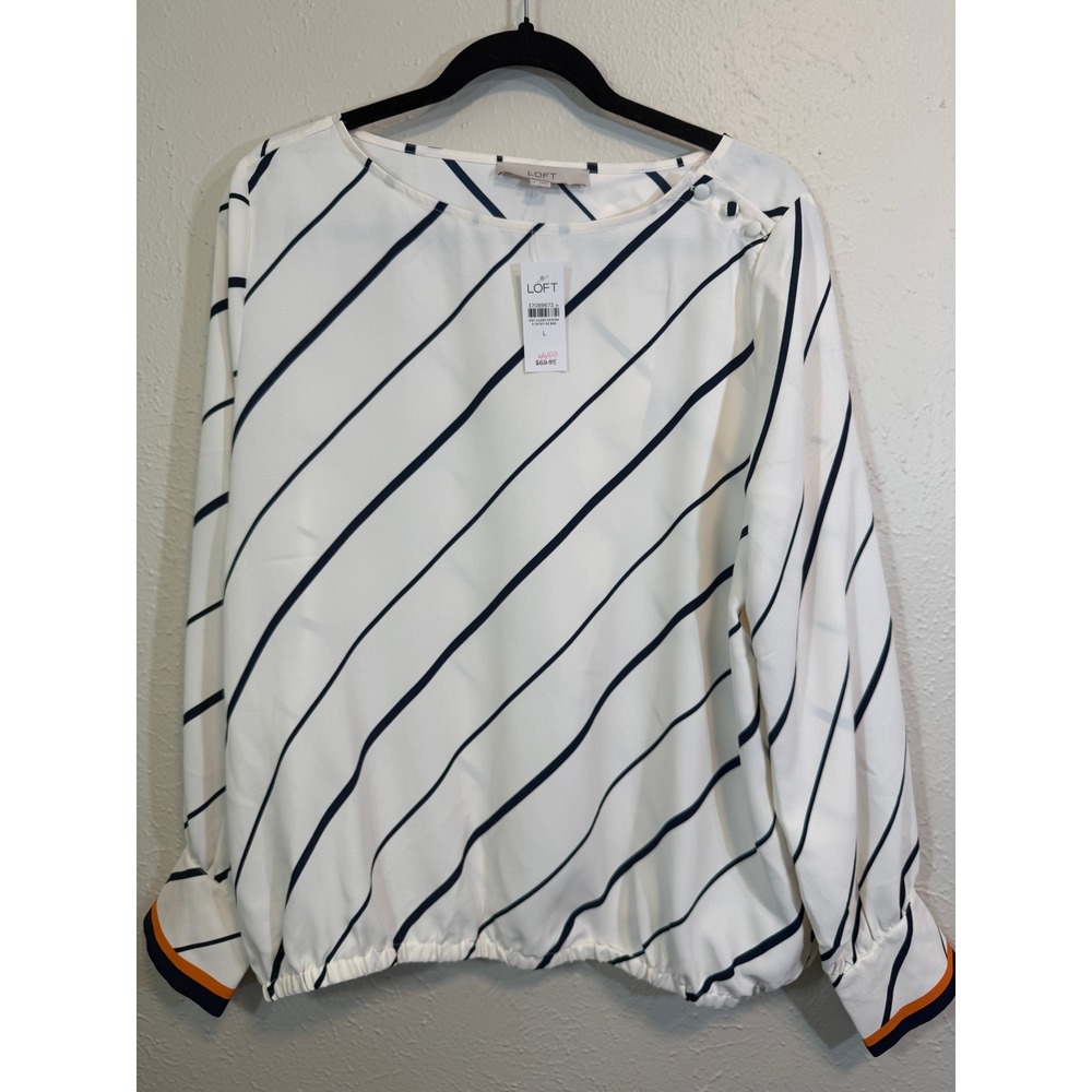 NWT Loft Women L White Navy Diagonal Stripe Long Sleeve Button Shoulder Blouse